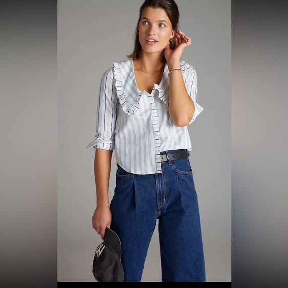 Anthropologie / Maeve / Ruffled Collar Striped Buttondown Blouse Top / size 14 - Picture 2 of 12